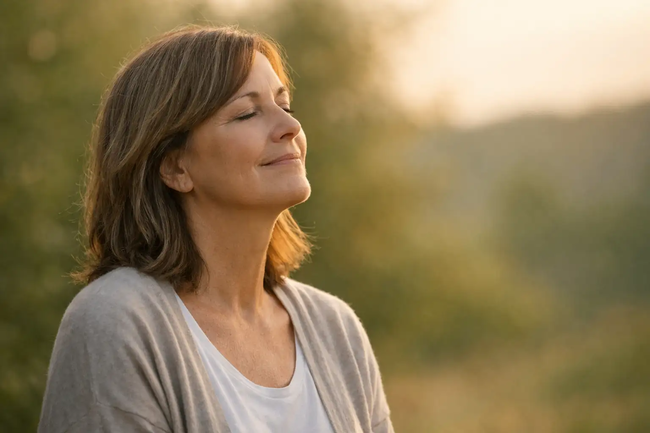 Mujer cuidadora respirando en calma